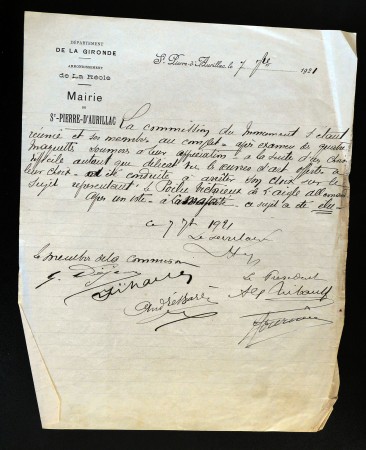 1921 lettre du conseil choix du monument